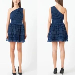 Endless Rose Tiered Tulle Mini Dress One Shoulder Olympian Navy Women’s Large